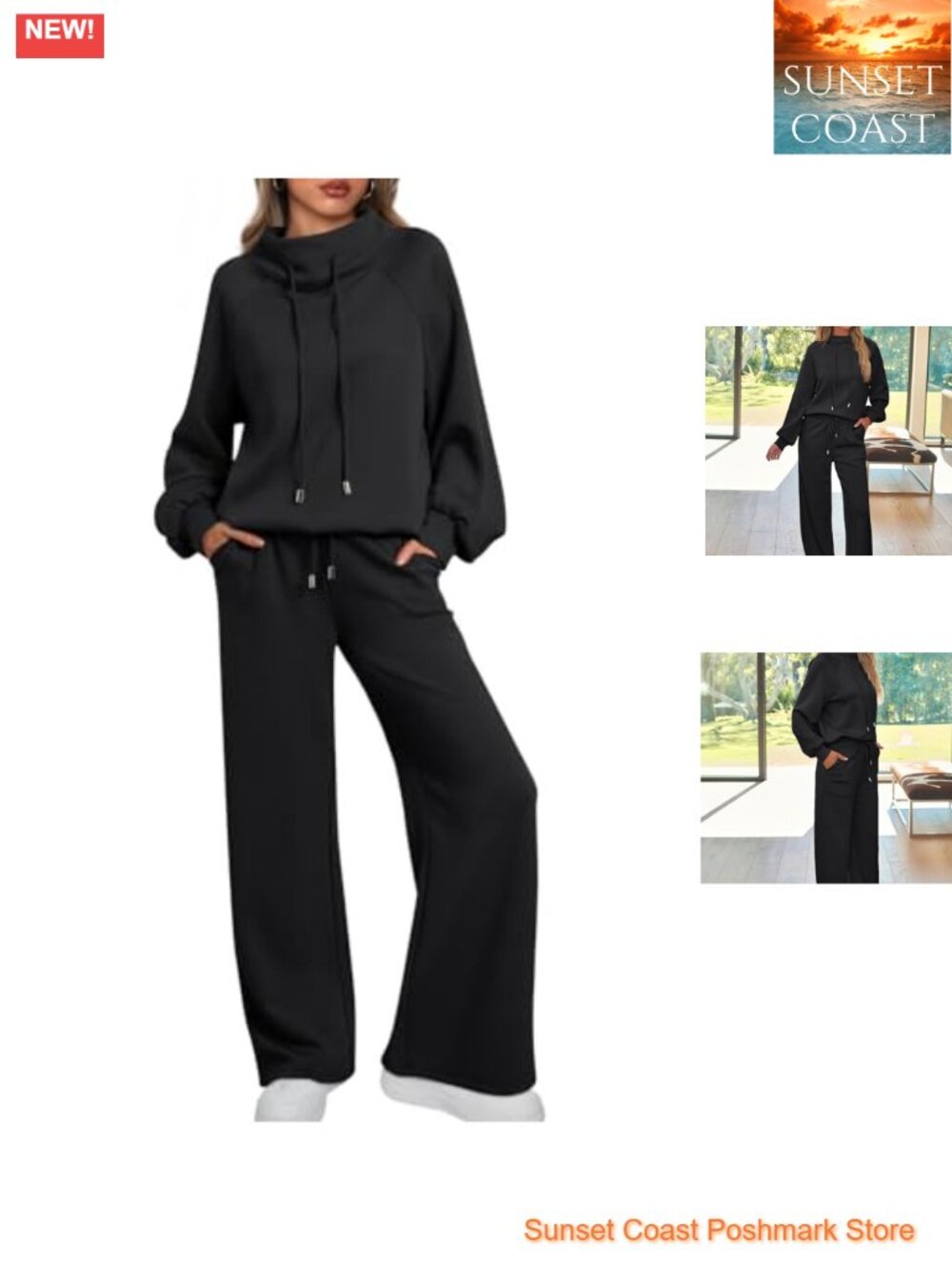 Mock Neck 2 Piece Lounge Sweat Set Scuba Knit Wide Leg Pullover